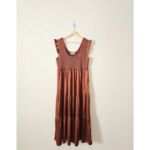 Natural Life Rust Satin Smocked Tiered Maxi Dress L